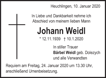 Traueranzeige von Johann Weidl von Gmünder Tagespost
