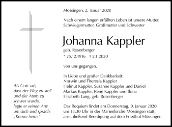 Traueranzeige von Johanna Kappler von Schwäbische Post