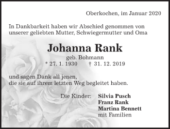 Traueranzeige von Johanna Rank von Amtsblatt_Oko