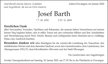 Traueranzeige von Josef Barth von Schwäbische Post