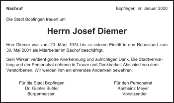 Traueranzeige von Josef Diemer von Bopfinger Stadtanzeiger