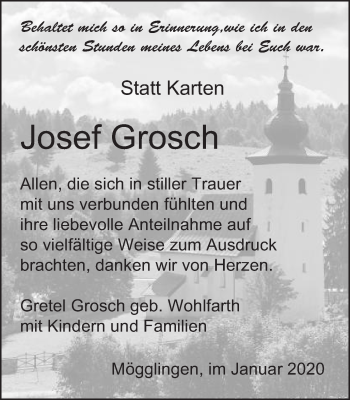 Traueranzeige von Josef Grosch von Gmünder Tagespost