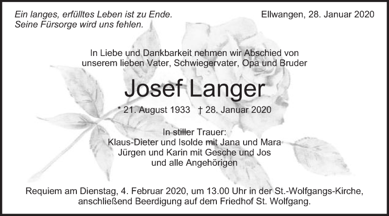  Traueranzeige für Josef Langer vom 30.01.2020 aus Schwäbische Post