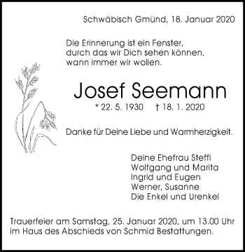 Traueranzeige von Josef Seemann von Gmünder Tagespost