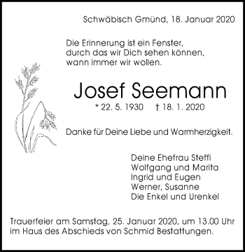 Traueranzeige von Josef Seemann