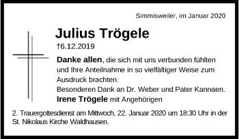 Traueranzeige von Julius Trögele von Schwäbische Post