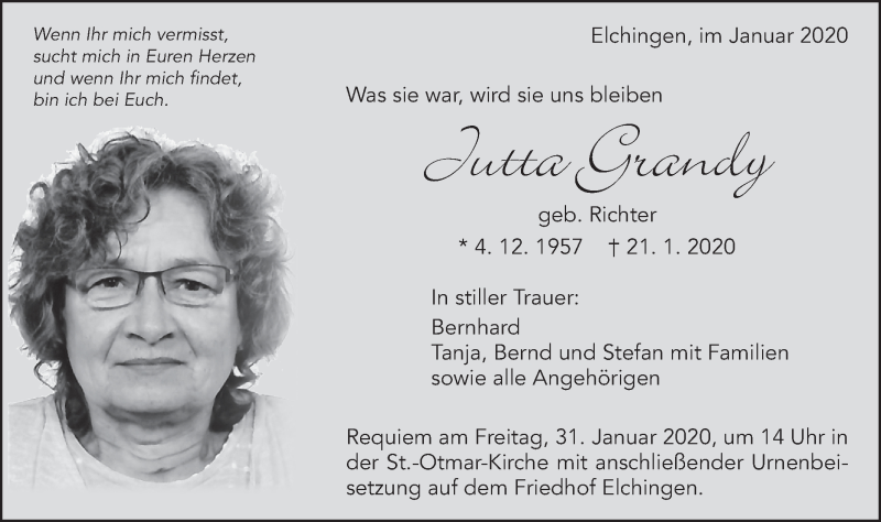  Traueranzeige für Jutta Grandy vom 28.01.2020 aus Schwäbische Post