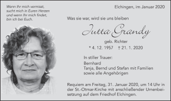 Traueranzeige von Jutta Grandy von Schwäbische Post