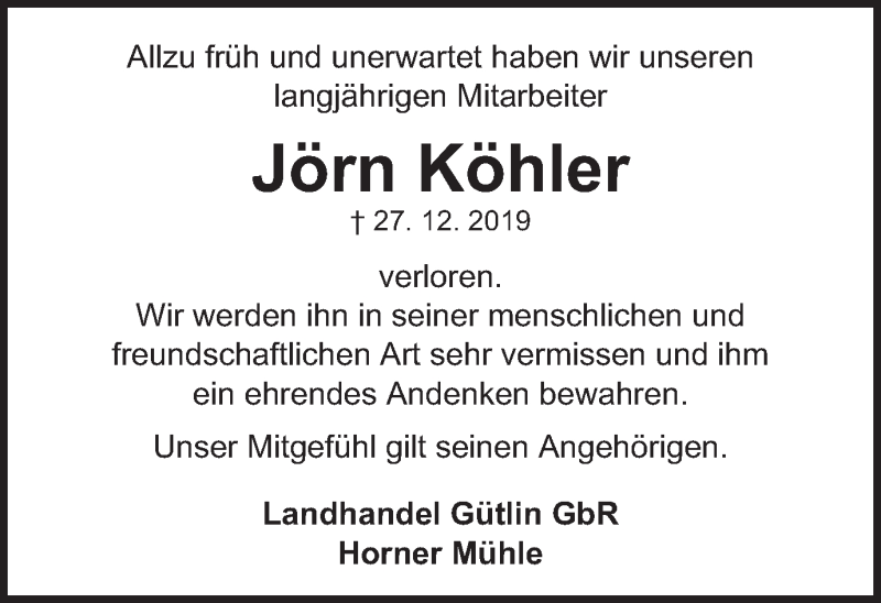  Traueranzeige für Jörn Köhler vom 09.01.2020 aus Gmünder Tagespost