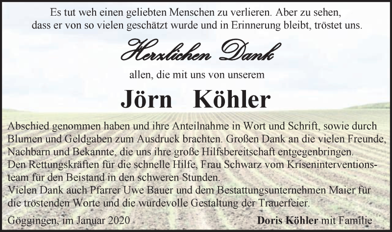  Traueranzeige für Jörn Köhler vom 18.01.2020 aus Gmünder Tagespost