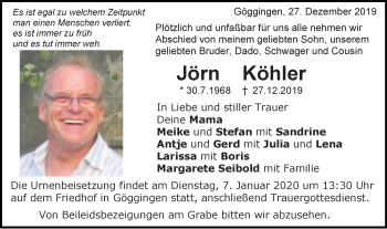 Traueranzeige von Jörn Köhler von Gmünder Tagespost