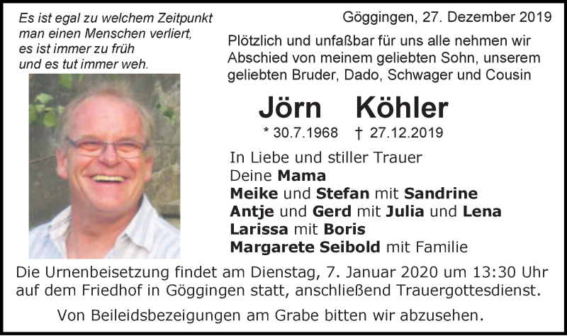  Traueranzeige für Jörn Köhler vom 02.01.2020 aus Gmünder Tagespost