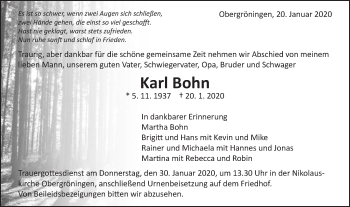 Traueranzeige von Karl Bohn von Gmünder Tagespost