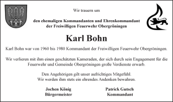 Traueranzeige von Karl Bohn von Gmünder Tagespost