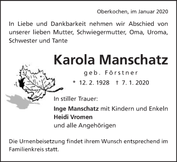 Traueranzeige von Karola Manschatz von Schwäbische Post