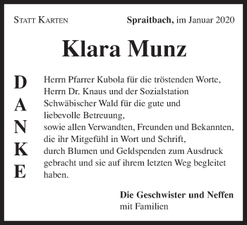 Traueranzeige von Klara Munz von Gmünder Tagespost