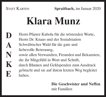 Traueranzeige von Klara Munz