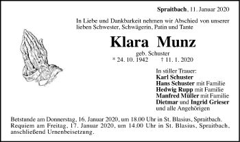 Traueranzeige von Klara Munz von Gmünder Tagespost