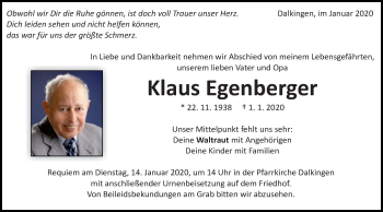 Traueranzeige von Klaus Egenberger von Schwäbische Post