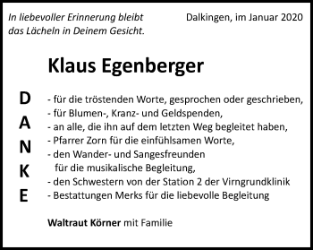 Traueranzeige von Klaus Egenberger von Schwäbische Post