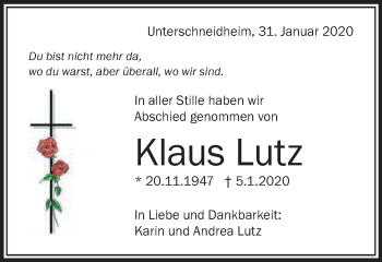 Traueranzeige von Klaus Lutz von Schwäbische Post