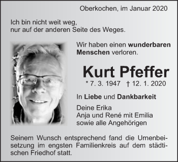 Traueranzeige von Kurt Pfeffer von Amtsblatt_Oko