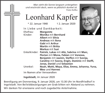 Traueranzeige von Leonhard Kapfer von Schwäbische Post