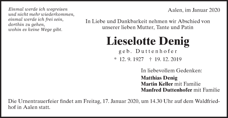  Traueranzeige für Lieselotte Denig vom 14.01.2020 aus Schwäbische Post