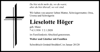 Traueranzeige von Lieselotte Höger von Gmünder Tagespost