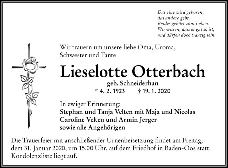  Traueranzeige für Lieselotte Otterbach vom 25.01.2020 aus Schwäbische Post