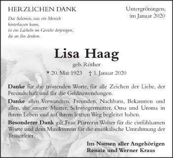 Traueranzeige von Lisa Haag von Kocher-Lein-Bote