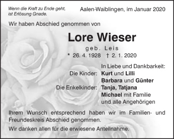 Traueranzeige von Lore Wieser von Schwäbische Post
