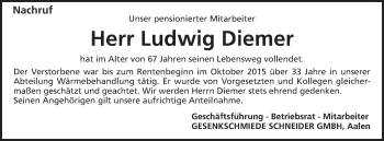 Traueranzeige von Ludwig Diemer von Schwäbische Post