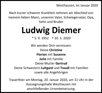 Traueranzeige von Ludwig Diemer von Schwäbische Post