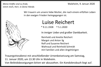 Traueranzeige von Luise Reichert von Schwäbische Post