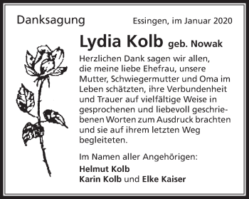 Traueranzeige von Lydia Kolb von Schwäbische Post