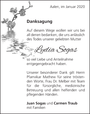 Traueranzeige von Lydia Sogas von Schwäbische Post