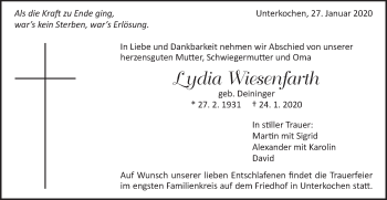 Traueranzeige von Lydia Wiesenfarth von Schwäbische Post