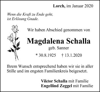 Traueranzeige von Magdalena Schalla von Gmünder Tagespost