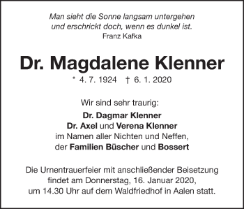 Traueranzeige von Magdalene Klenner von Schwäbische Post