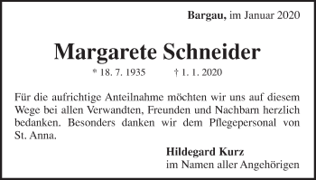 Traueranzeige von Margarete Schneider von Gmünder Tagespost
