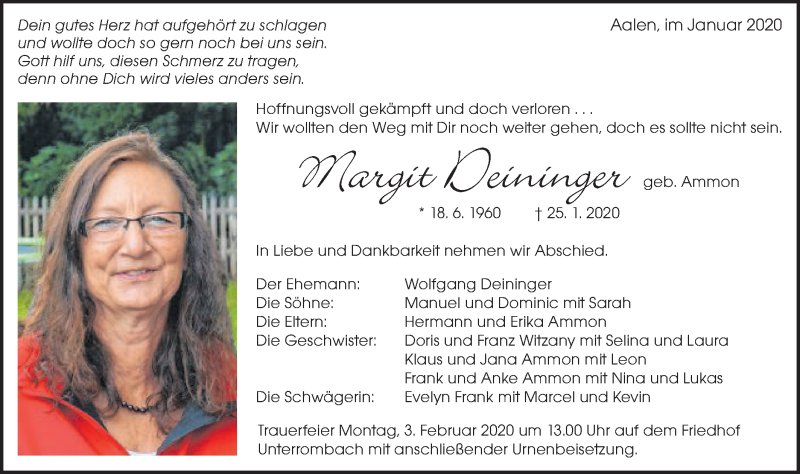  Traueranzeige für Margit Deininger vom 31.01.2020 aus Schwäbische Post