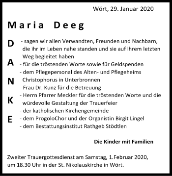 Traueranzeige von Maria Deeg von Schwäbische Post