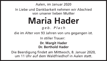 Traueranzeige von Maria Hader von Schwäbische Post