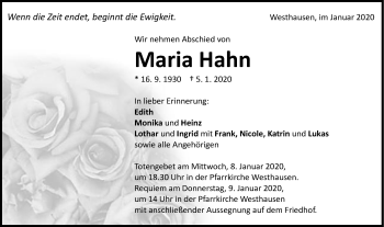 Traueranzeige von Maria Hahn von Schwäbische Post
