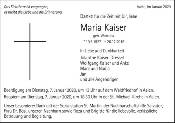 Traueranzeige von Maria Kaiser von Schwäbische Post