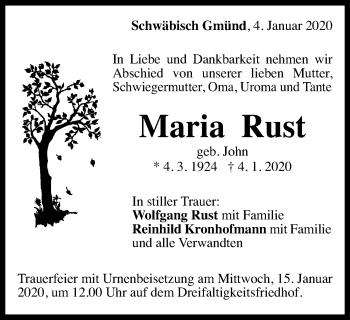 Traueranzeige von Maria Rust von Gmünder Tagespost