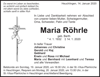 Traueranzeige von Maria Röhrle von Gmünder Tagespost