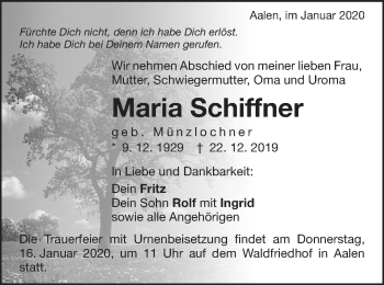 Traueranzeige von Maria Schiffner von Schwäbische Post