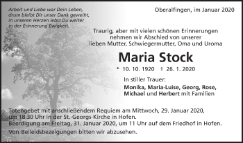 Traueranzeige von Maria Stock von Schwäbische Post